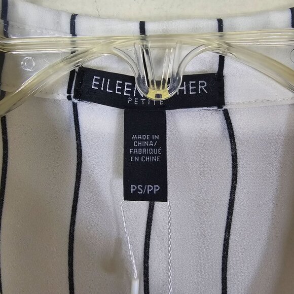 Eileen Fisher Silk Crepe Button Up Shirt PS Ivory Painterly Stripe Ruched Sleeve - Picture 3 of 12